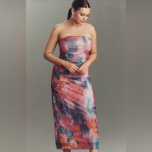 NWT Anthropologie Soleil Slim Strapless Ruched Mesh Dress in Pink, Large